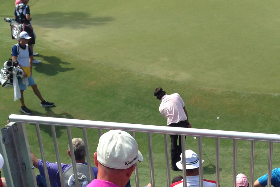 Bubba Watson's SIXTH shot on the par three 15th hole at TPC - he got up & down for 7