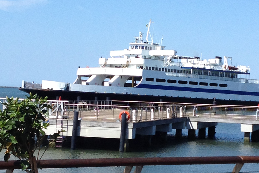 Our view of the The Cape May - Lewes ferry pulling in from the On the Rocks Bar & Grill