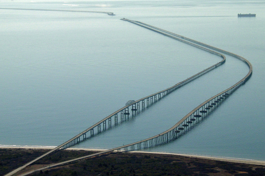 Overhead view of the north end of the Chesapeake Bay Bridge - Tunnel.