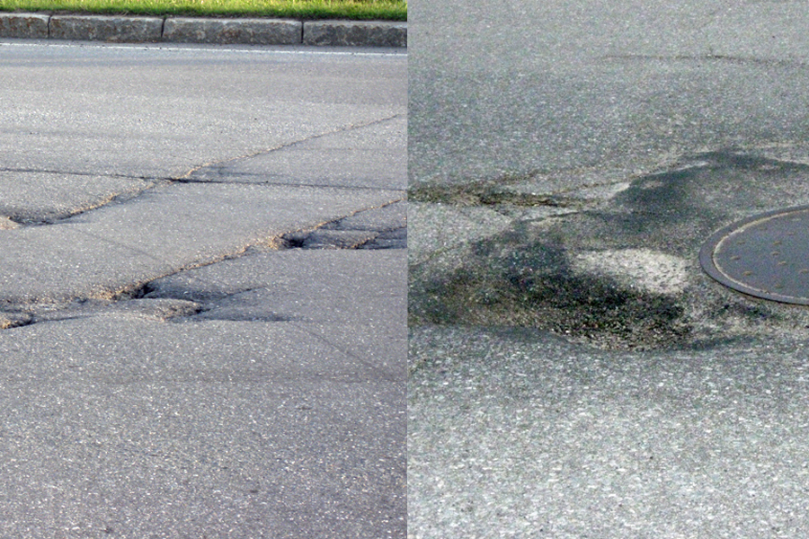 These Roads!!  It's very hard to capture depth. The man hole cover pot hole is at least 8 inches deep.  Both of these are right in the middle of intersections.