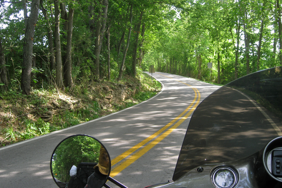 On the way to the covered bridge, a tree covered road.